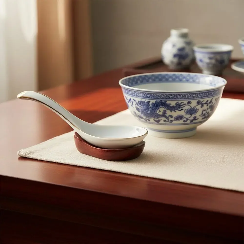 Vintage Porcelain Chinese Soup Spoon-Gold Trim-Rice Wonton Spoon-Asian-Noodle